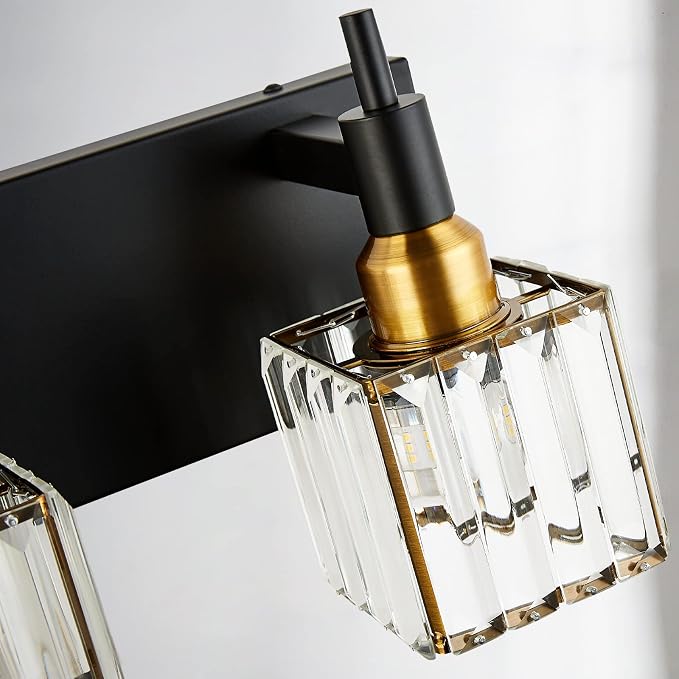 Modern Crystal Bathroom Vanity Light 2-Lights Black and Gold Bathroom Light Fixtures Over Mirror Bath Wall Sconce Lighting with Adjustment Angle