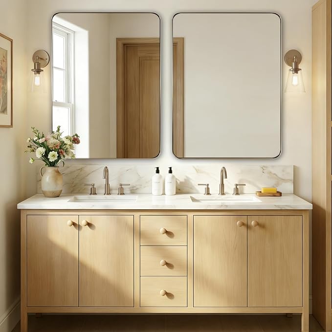 Brushed Champagne Bronze Mirrors for Bathroom Sink, 30x40 Inch Bathroom Vanity Mirror with Rectangular Metal Frame-Modern Clean Design with Superior Stainless Steel Frame