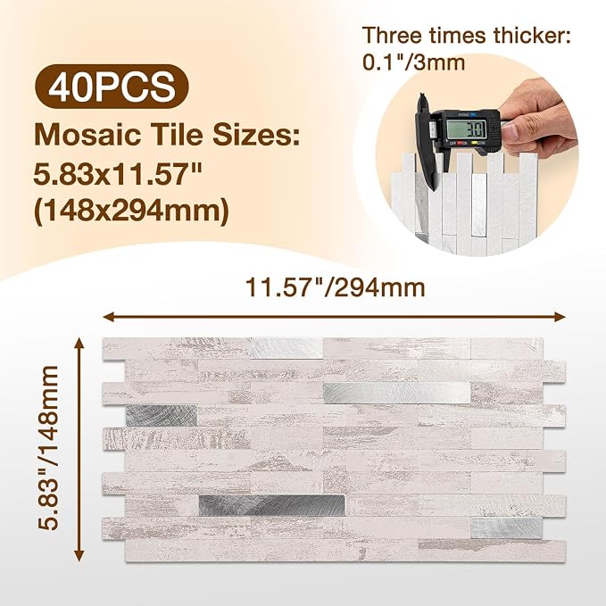 Peel and Stick Backsplash Tile Waterproof Removable PVC Wall Sticker 3D Faux Stone Marble Brick White Accent Panels (Polished Eurasia Silver - Gray, 40 Tiles - 18 sq. ft. (1.68 m²))