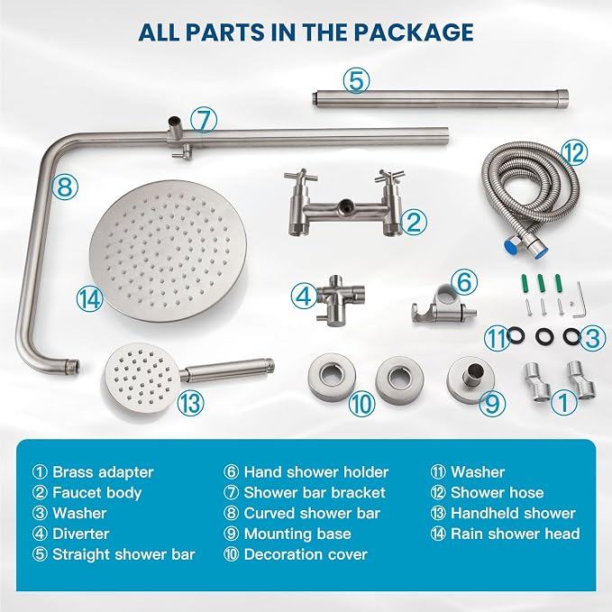 gotonovo Outdoor Shower 304 Stainless Steel, Brushed Nickel, Cross Handle | Rain 8 Inch Outdoor Shower Head with Handheld Kit Fixtures System Faucet Set with Valve Wall Mount for Seaside Backyard Pool