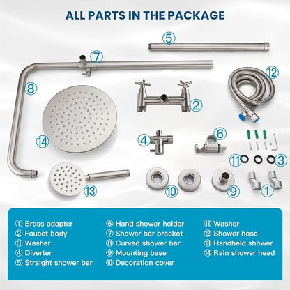 gotonovo Outdoor Shower 304 Stainless Steel, Brushed Nickel, Cross Handle | Rain 8 Inch Outdoor Shower Head with Handheld Kit Fixtures System Faucet Set with Valve Wall Mount for Seaside Backyard Pool