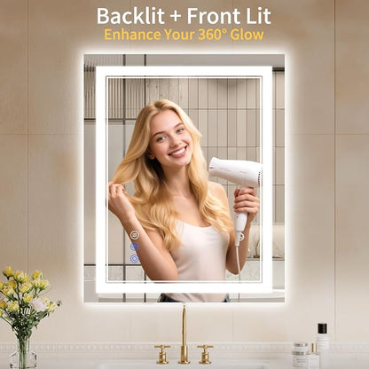 24"x30" LED Bathroom Mirror with Lights, Anti-Fog, Backlit + Front Lit, Dimmable, Led Vanity Mirror for Wall, Lighted Bathroom Mirror, 3 Colors, Shatter-Proof Tempered Glass