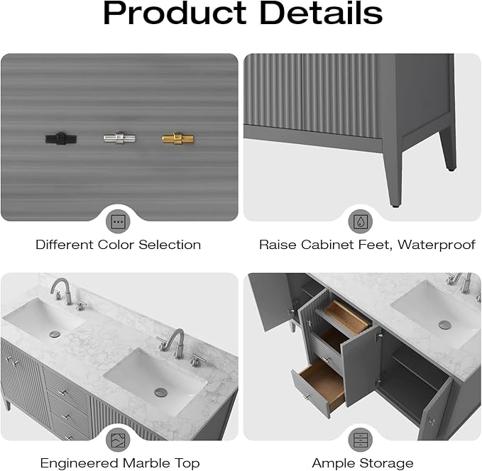 Vanity Art 60 inch Bathroom Vanity with Double Sink & Ceramic Top, Vanity Cabinet with Soft-Closing Door, Solid Wood Frame, Linear Pattern, Cashmere Gray, Golden Brushed Handware VA9160-DG-GB