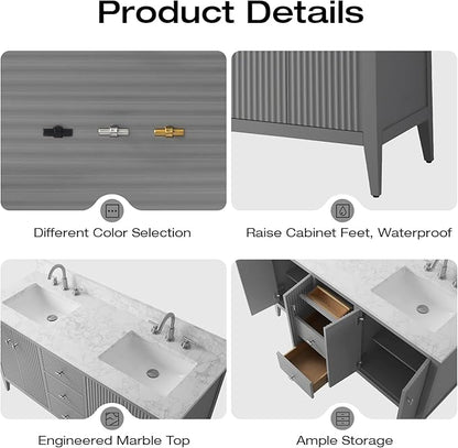 Vanity Art 60 inch Bathroom Vanity with Double Sink & Ceramic Top, Vanity Cabinet with Soft-Closing Door, Solid Wood Frame, Linear Pattern, Cashmere Gray, Golden Brushed Handware VA9160-DG-GB