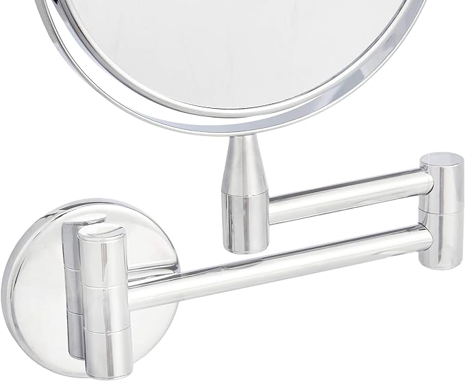 Amazon Basics Wall Mount Round Vanity Mirror with 360° Rotation, Double Sided, 1X/5X Magnification, Adjustable, 12.8"L x 10"W, Chrome