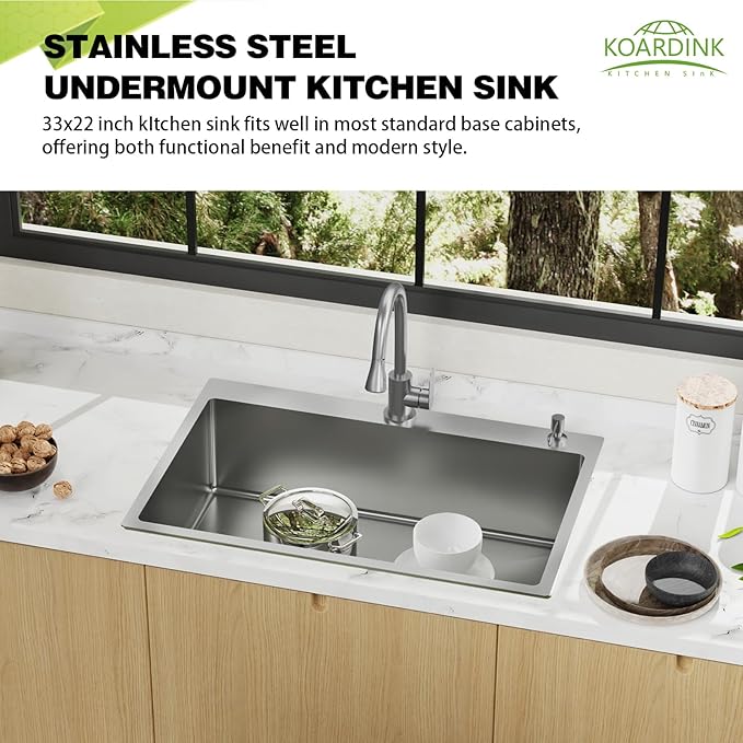 Kitchen Sink, 33x22 Inch Stainless Steel Drop In Modern Single Bowl Topmount Kitchen Sink Combo-Silicon Mat,Drain Strainer Set Offering Large Basin And Compatibility With Various Kitchen&Bar Style