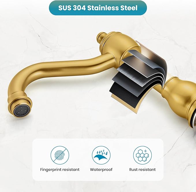 gotonovo 8 Inch Widespread Bathroom Faucets for Sink 3 Hole 2 Lever Handle Deck Mount with Pop Up Drain Hot and Cold Water Supply Lines Brushed Gold
