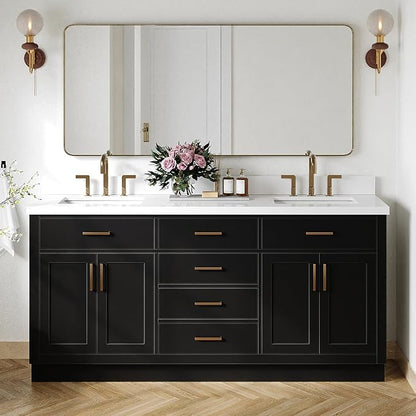 Isabella 72 Inch Bathroom Vanity Double Sink — Black Bathroom Vanity with Sink, 1.5" Edge Pure White Quartz Countertop, 4 Soft-Close Doors, 4 Dovetail Drawers, and 2 Tilt Drawers