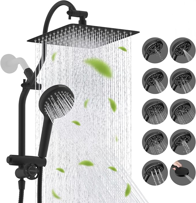 Hibbent High Pressue All Metal 10" Rainfall Shower Head, Handheld 10-Spray | cUPC Certified Matte Black Dual Showerhead Combo, 4-way Diverter with Pause Mode, Brass Extension Arm, 71'' Hose & Holder