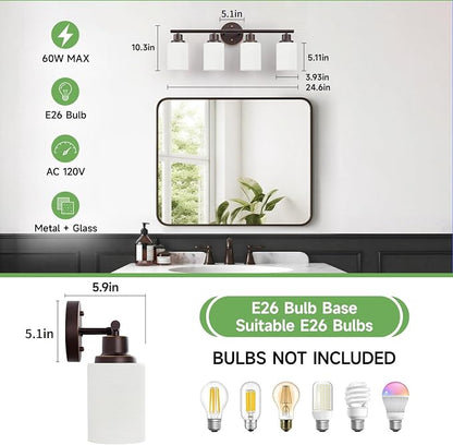 4-Light Bathroom Light Fixtures, E26 Oil-Rubbed Bronze Gold Vanity Lights for Mirror with Textured Milky White Glass Shade, Modern Kitchen Light Fixtures Wall Sconce Light