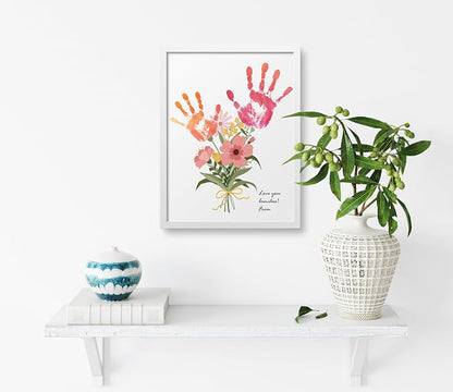 TwoDays Flower Bouquet Handprint Art Craft DIY Kit, Unique Gifts for Mom from Daughter or Son for Mother's Day Birthday Christmas, Gift for Grandma. (Floral-1, White)