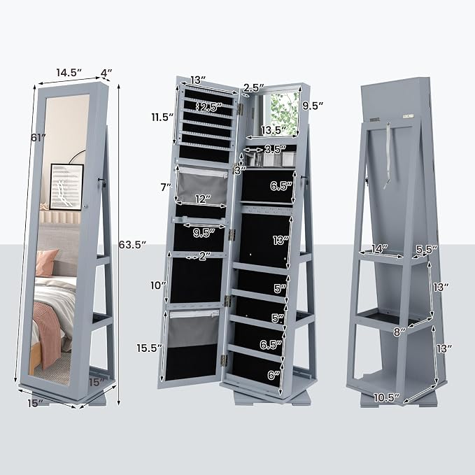 CHARMAID 360° Swivel Jewelry Armoire with Full Length Mirror, Standing Lockable Jewelry Cabinet Organizer, Large Storage Capacity, Inside Makeup Mirror, Back Storage Shelves (Gray)