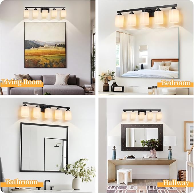 Bathroom Light Fixtures, Vanity Light Over Mirror Black 5-Light Fixture | Modern bathroom vanity light fixture with metal frame, ideal for mirrors, bedrooms and hallways. Fits E26 bulbs.