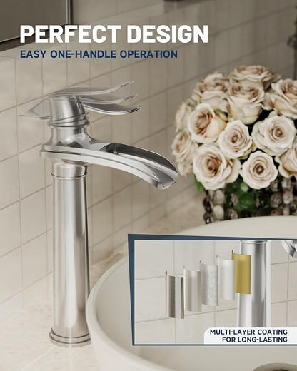 Brushed Nickel Vessel Sink Faucet Brass 12 Inch Waterfall Bathroom Faucet | with Pop Up Drain Assembly and Supply Hoses, Single Handle Tall Bathroom Faucets Lavatory Vanity Mixer Tap by BATHLAVISH