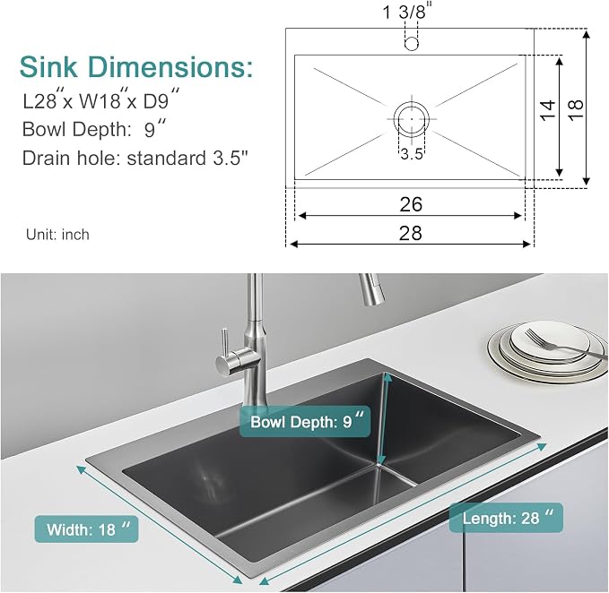 Black Topmount Kitchen Sink - 28”×18” Single Bowl Sink | 9 Inch Deep Handmade Bar Sink with Strainer, Stainless Steel 304, Center Drain, X-Groove Drainage, Sound-Dampening Pad