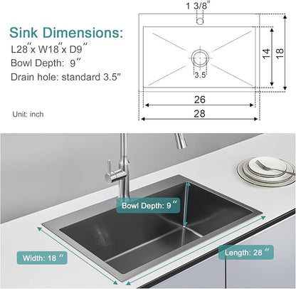 Black Topmount Kitchen Sink - 28”×18” Single Bowl Sink | 9 Inch Deep Handmade Bar Sink with Strainer, Stainless Steel 304, Center Drain, X-Groove Drainage, Sound-Dampening Pad