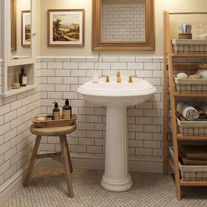20 x 26 Inch Freestanding Pedestal Bathroom Sink, Classic Ceramic Basin with Overflow and 3 Pre-Drilled Holes for 8-Inch Faucets, Vintage White Finish
