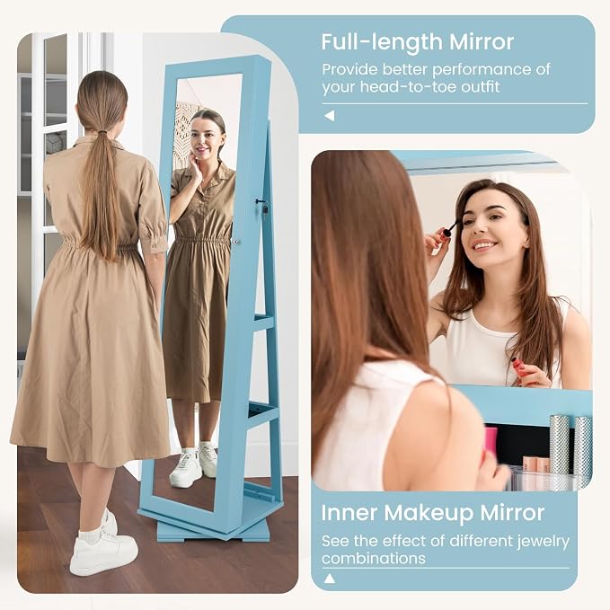 GOFLAME 360° Rotating Jewelry Armoire, Lockable Jewelry Cabinet with Full-Length Mirror & Inner Makeup Mirror, Standing Jewelry Storage Organizer with Rear Storage Shelves, Sky Blue