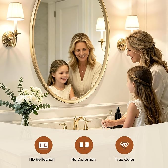 Brushed Gold Oval Bathroom Mirror 20x28 Inch | Vanity Wall Mirror, Crystal-Clear HD Glass, Rust-Proof Aluminum Frame, Inner-Curved Decor for Bedroom, Entryway Renovation