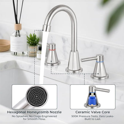 Bathroom Faucets for Sink 3 Hole 8 Inch Widespread 2 Handle Bathroom Faucet with Pop-up Drain and 360° Swivel Spout,Brushed Nickel