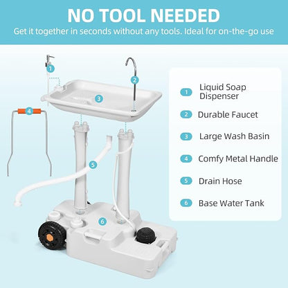 YITAMOTOR 30L Portable Camping Sink, Portable Hand Washing Station with Large Wheels, Foot Pump, Towel Holder & 5L Soap Dispenser for Outdoors, Garden, Gathering, Camping, Worksite, Camping, Outdoor