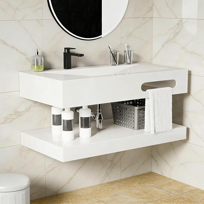 Wall-Mounted Resin Stone 36" Bathroom Sink, Seamless Integrated Vessel Sink with Sloped Design & Open Storage Shelf, Modern Floating Vanity for Bathrooms & Outdoor Spaces