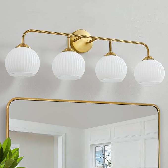 RUIYEY Bathroom Vanity Light Fixtures: 4 Lights Brushed Gold Ribbed Lantern Vanity Lights for Bathroom, E26 60W Hardwired Wall Sconce Lighting with Frosted Milky Glass Over Mirror (Exclude Bulb)