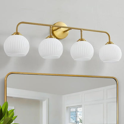 RUIYEY Bathroom Vanity Light Fixtures: 4 Lights Brushed Gold Ribbed Lantern Vanity Lights for Bathroom, E26 60W Hardwired Wall Sconce Lighting with Frosted Milky Glass Over Mirror (Exclude Bulb)