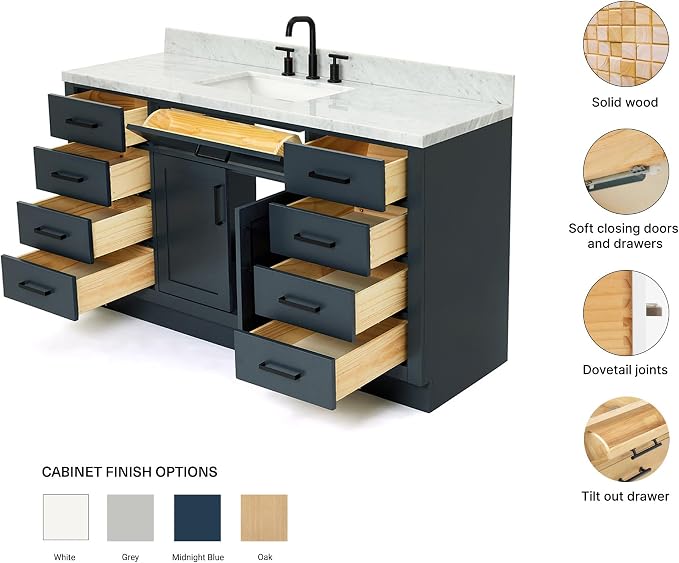 ARIEL Hepburn 60-inch Bathroom Vanity with Sink,Solid Wood, 1.5-inch Italian Carrara Marble Countertop, Single Rectangular Porcelain Sink, 2 Soft Closing Doors, 9 Dovetail Drawers, Midnight Blue