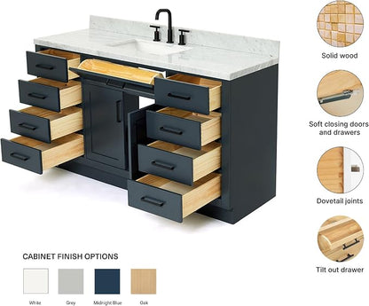 ARIEL Hepburn 60-inch Bathroom Vanity with Sink,Solid Wood, 1.5-inch Italian Carrara Marble Countertop, Single Rectangular Porcelain Sink, 2 Soft Closing Doors, 9 Dovetail Drawers, Midnight Blue