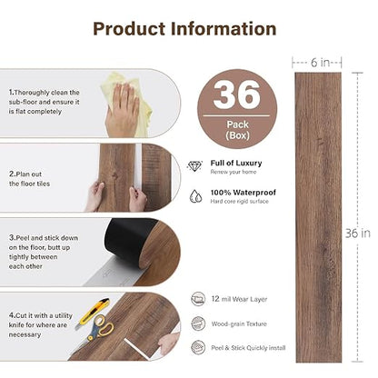 INMOZATA 36 Pack Peel and Stick Floor Tile Waterproof Vinyl Plank Flooring | 54 Sq.Ft, Heat-resistant, Wood Grain Self Adhesive Flooring for DIY Bedroom Living Room Bathroom Kitchen (Walnut)