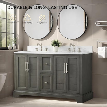 HOMEBEYOND 54 Inch Bathroom Vanity with Double Sink & Ceramic Top, Vanity Cabinet with Center Countertop Basin, Soft-Closing Doors, Backsplash,Sliver Grey