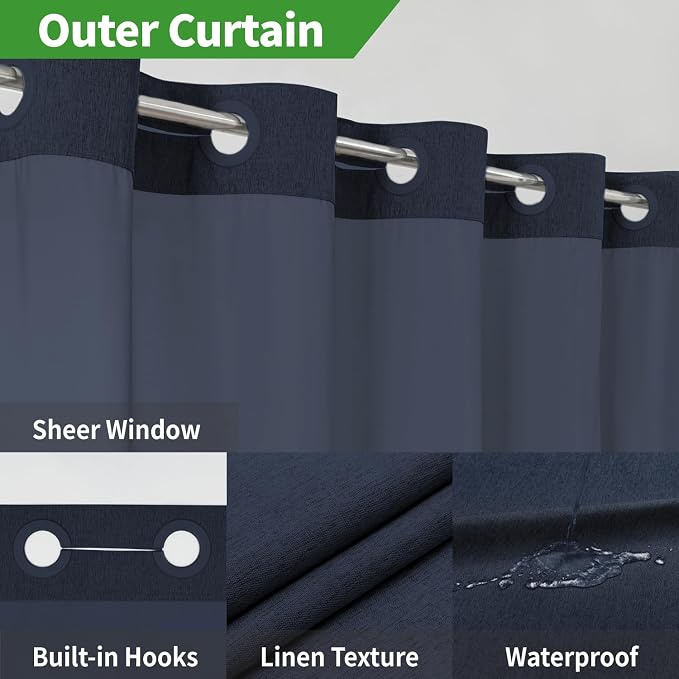 eachope No Hook Fabric Shower Curtain with Snap-in Liner,71x74 Navy Blue | Linen Texture,230GSM Thick Fabric,Hotel Luxury Decor,Mesh Window,Bottom magnetic ,Waterproof & Machine Washable,for Bathroom