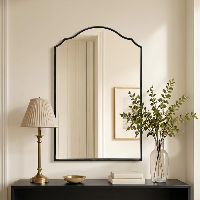 Besdomus Bathroom Mirrors for Over Sink: 24"x36" Black Wooden Arched Mirror | Classical Minimalist Scalloped Decorative Wall for Vanity/Dresser/Mantel/Bedroom/Entryway/Hallway/Fireplace/Nightstand