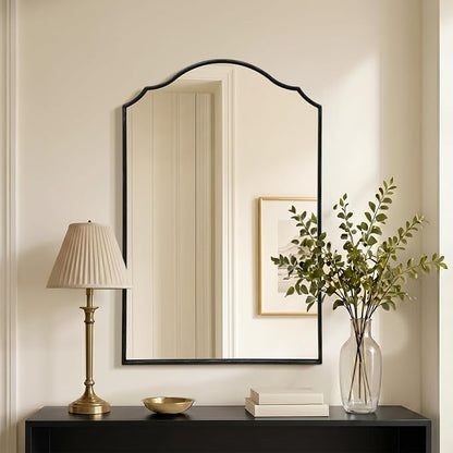 Besdomus Bathroom Mirrors for Over Sink: 24"x36" Black Wooden Arched Mirror | Classical Minimalist Scalloped Decorative Wall for Vanity/Dresser/Mantel/Bedroom/Entryway/Hallway/Fireplace/Nightstand
