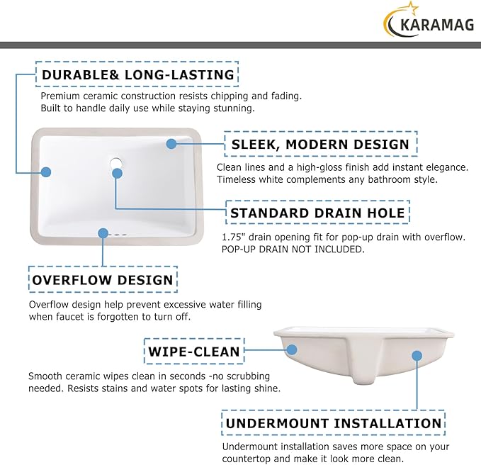 24 Inch Undermount Bathroom Sink Rectangle Undermount Sink White Ceramic Under Counter Bathroom Sinks with Overflow (23.8"x16.3")