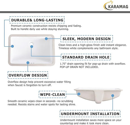 24 Inch Undermount Bathroom Sink Rectangle Undermount Sink White Ceramic Under Counter Bathroom Sinks with Overflow (23.8"x16.3")