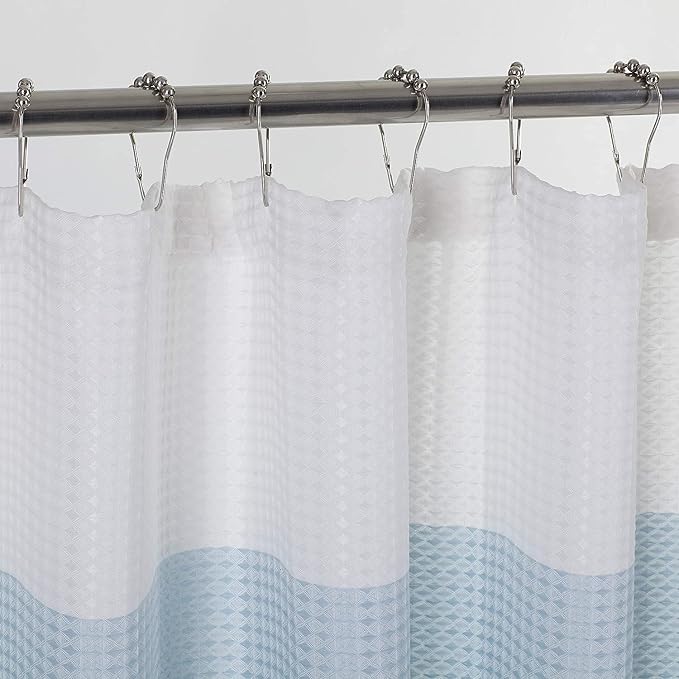 Dainty Home Waffle Weave Waterproof Shower Curtains for Bathroom, Blue 70 icnhes, Extra Long Shower Curtain, Waterproof Fabric 12 Roller Ball Hooks