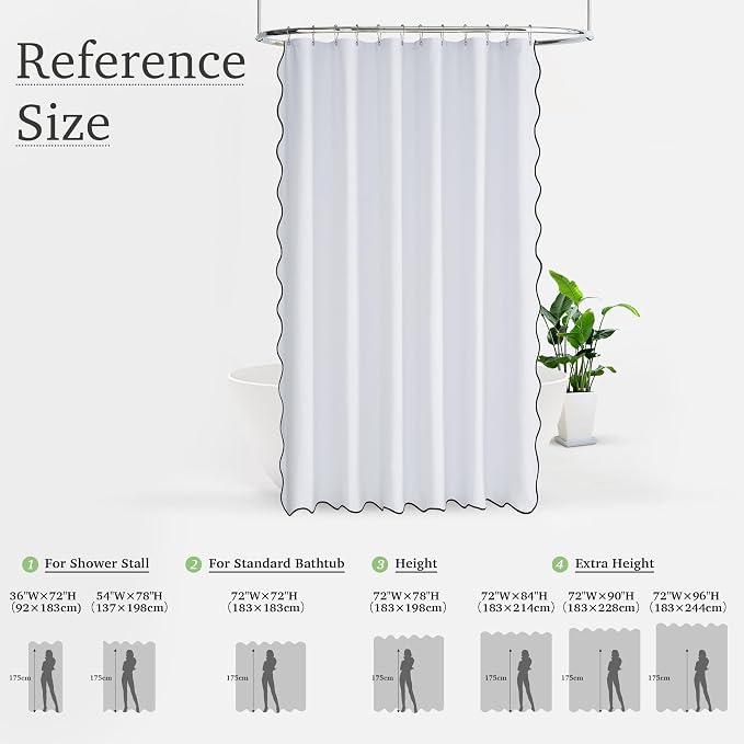 KGORGE White Scalloped Bathroom Shower Curtain Linen Textured, Boho Farmhouse Home Decor Privacy Waterproof for Bathtub Machine Washable, Pure White, 72 x 72 inches Long, 12 Hooks Included