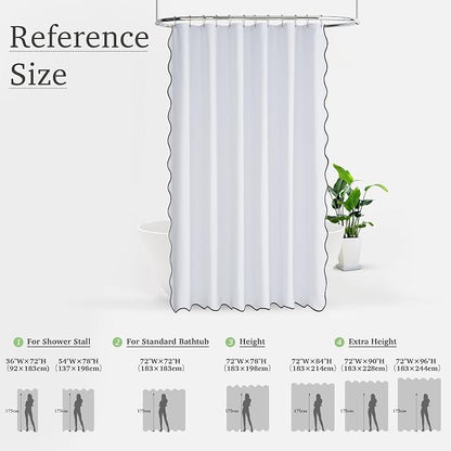 KGORGE White Scalloped Bathroom Shower Curtain Linen Textured, Boho Farmhouse Home Decor Privacy Waterproof for Bathtub Machine Washable, Pure White, 72 x 72 inches Long, 12 Hooks Included