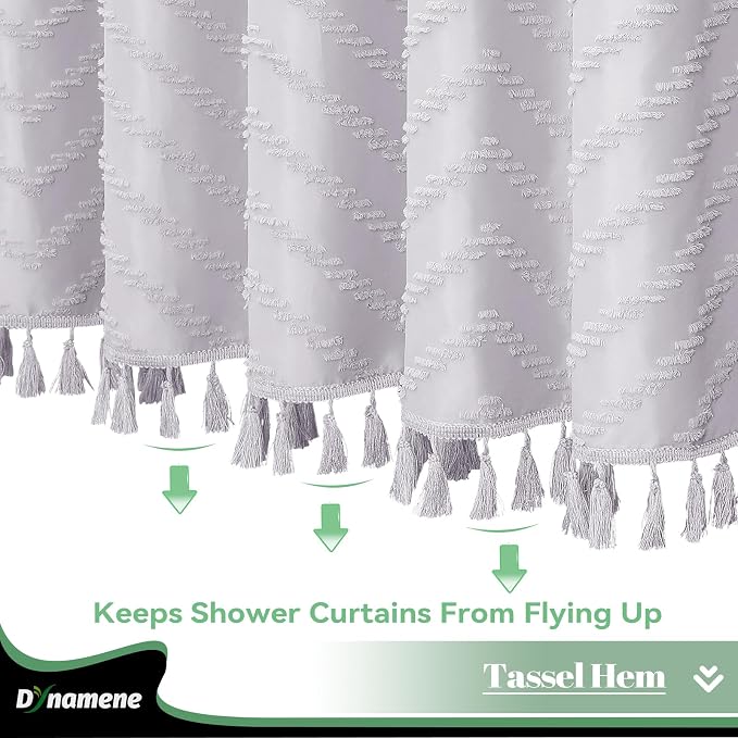 Extra Long Boho Shower Curtain Tufted Chevron 72"x96" Laverder | 96 Inch Tall, Elegant Tassel, Lightweight Textured Fabric, Water Repellent, Washable, Hotel Spa, for Bathroom/Dorm 12 Hooks
