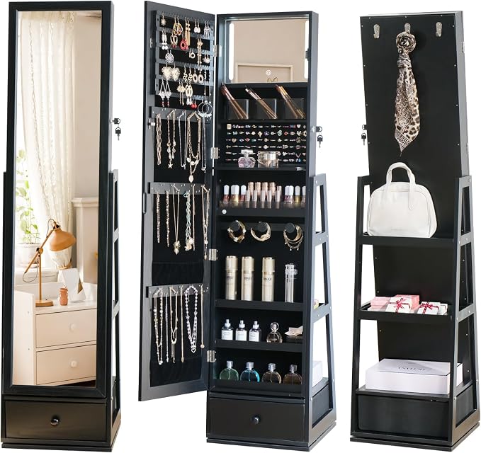 Full Length Jewelry Cabinet Standing With Built-In Mirror Jewelry Armoire With Mirror Drawers, Lockable Storage Mirror With Storage Racks Black