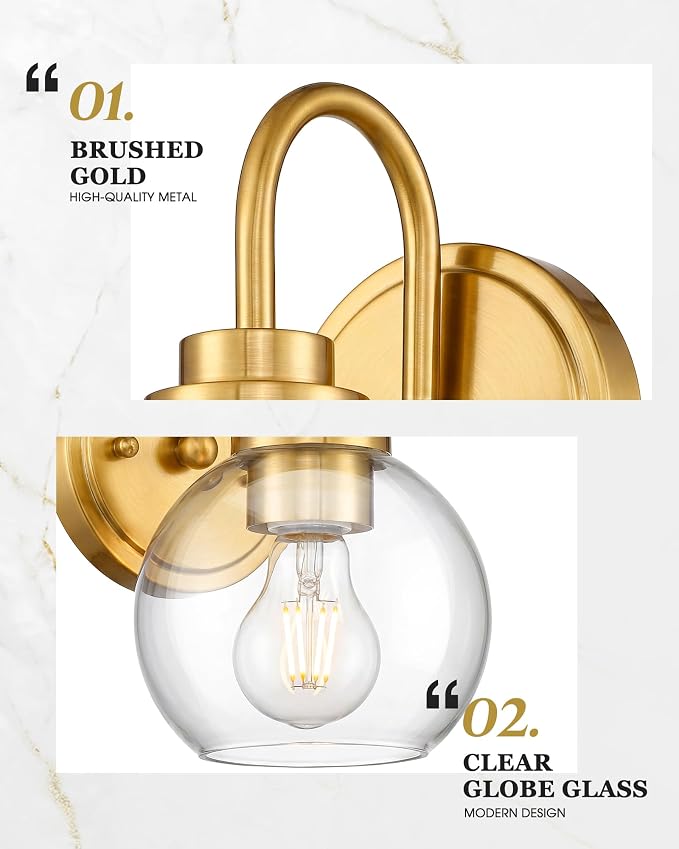 Brushed Gold Wall Sconces Set of 2 with Globe Clear Glass Shade | Modern design, hardwired, E26 socket, suited for bathroom mirror side, bedside, hallway, or entryway, AD-22280-1W2-GD