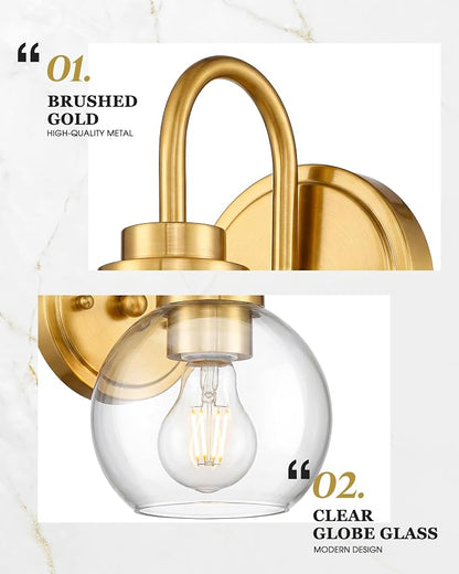 Brushed Gold Wall Sconces Set of 2 with Globe Clear Glass Shade | Modern design, hardwired, E26 socket, suited for bathroom mirror side, bedside, hallway, or entryway, AD-22280-1W2-GD