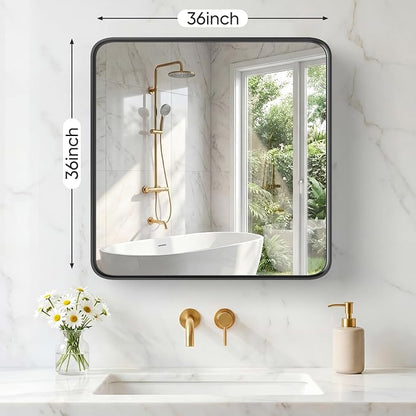 NEWBULIG Bathroom Mirror for Over Sink, 36X36 Inch Wall Vanity Mirror | Wall Mount, Tempered Glass, Anti-Rust Metal Framed, Rounded Rectangle, Farmhouse Home Decor, Black