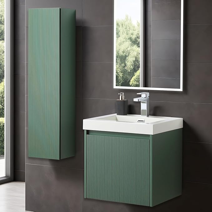 Blossom 20 Inch Bathroom Vanity with Sink and Side Cabinet, All Wood Floating Bathroom Vanity with Acrylic Sink, Bathroom Sink Cabinet with Soft-Close Drawer, Modern Style Vanities, Aventurine Green