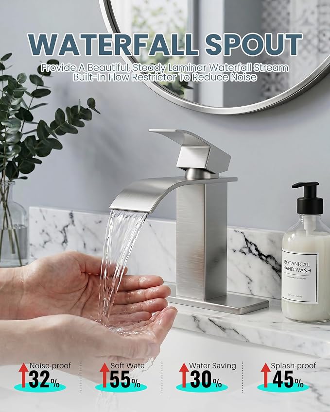 Waterfall Bathroom Faucet Brushed Nickel: ARCORA Single Hole Bathroom Sink Faucet Mixer Tap with Supply Lines and Pop Up Drain