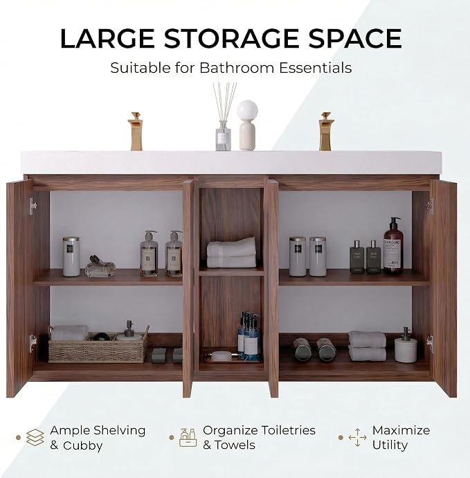 60" Double Bathroom Vanity with Sink, Mid Century Modern Bathroom Cabinet with 4 Doors & Shelves, Glossy White Integrated Sink with Overflow, Walnut