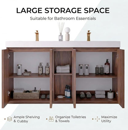 60" Double Bathroom Vanity with Sink, Mid Century Modern Bathroom Cabinet with 4 Doors & Shelves, Glossy White Integrated Sink with Overflow, Walnut