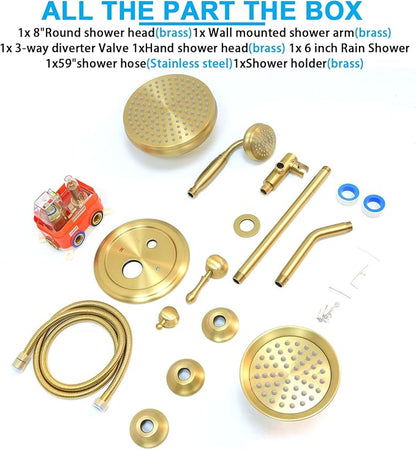 Enga Antique Dual Shower Head Faucet Set - 8" Ceiling Mount Rain Shower & 6" Wall-Mounted Vintage Rainfall + Handheld Spray Combo, Brushed Gold